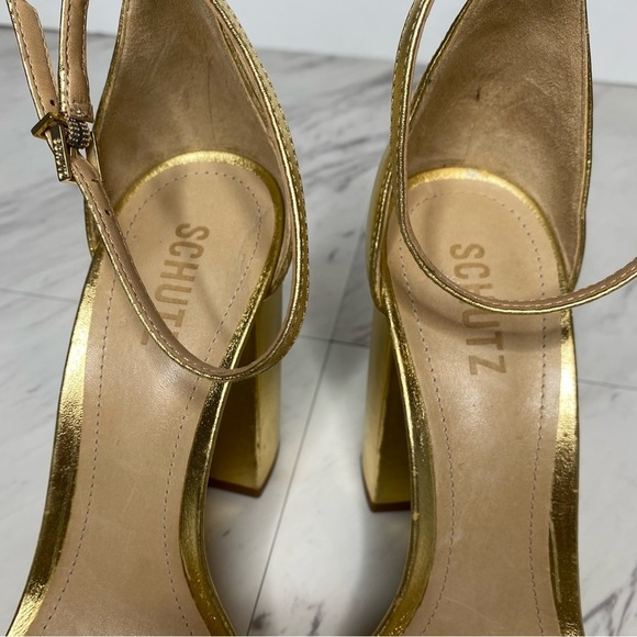 Schutz Gold Leather Ankle Strap Block Heel Sandal 10 1/2 B - Picture 14 of 16